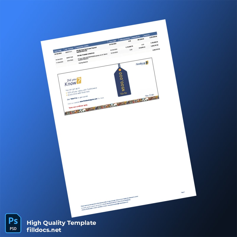Nigeria FirstBank Statement Template in Word and PDF formats page 2