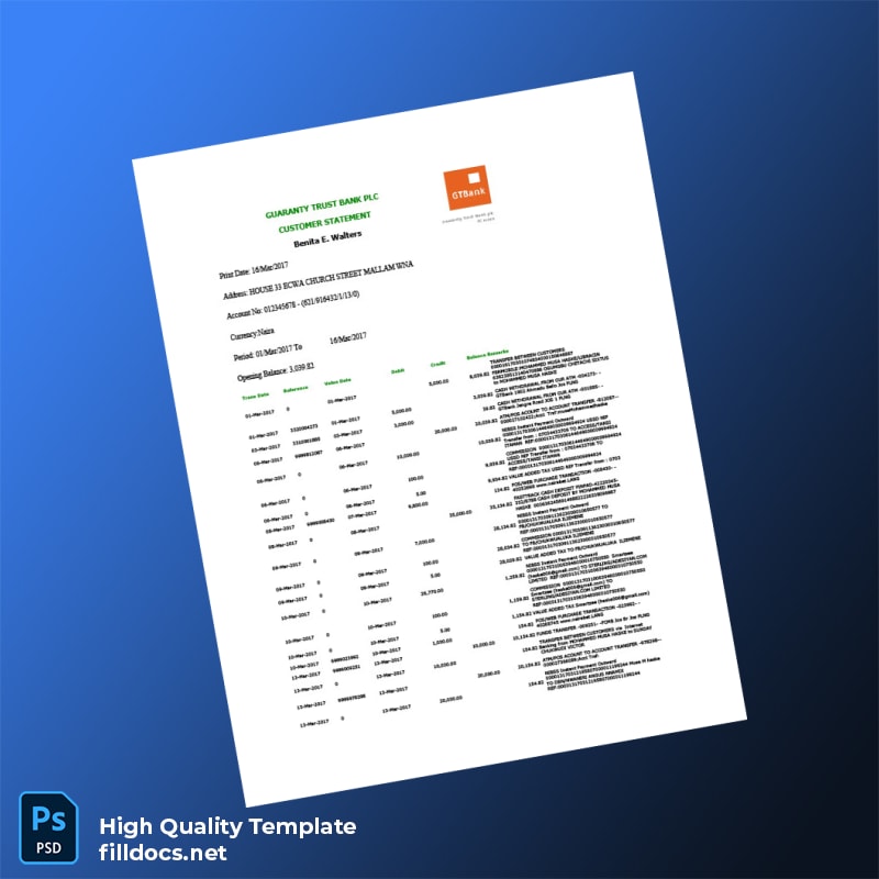Nigeria Guaranty Trust Bank Bank Statement Template in Word and PDF formats