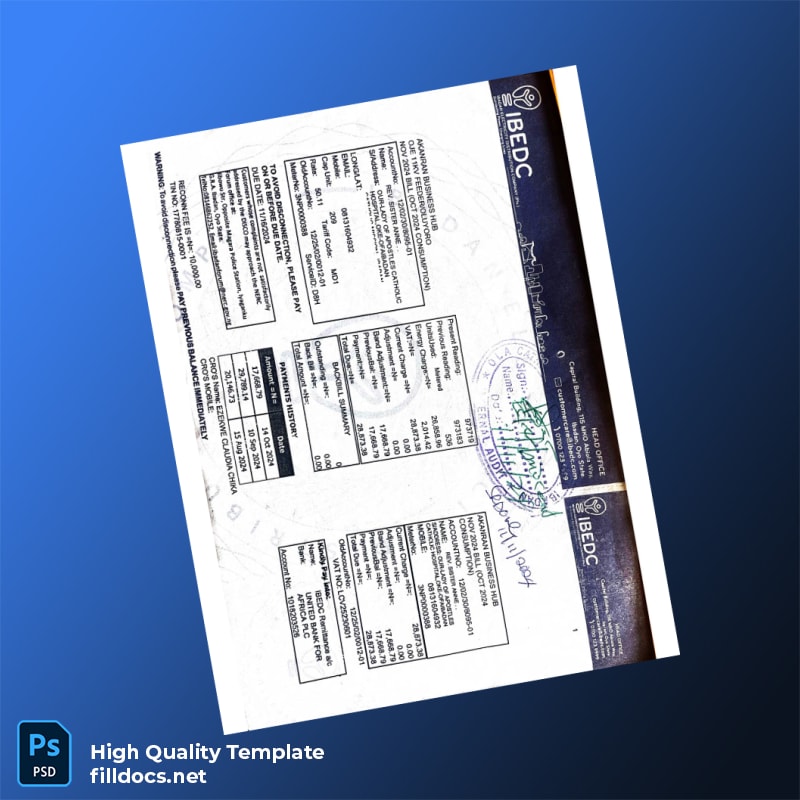 Nigeria IBEDC Editable Utility Bill Template in Word and PDF formats