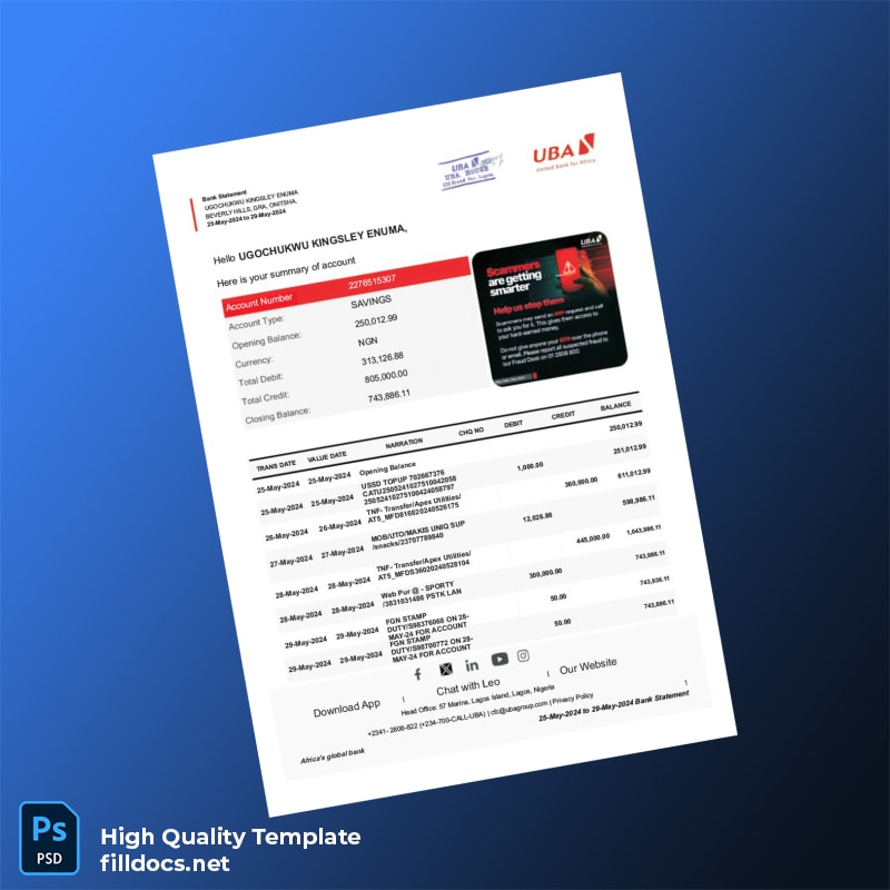 Nigeria UBA Bank Statement Template in Word and PDF formats