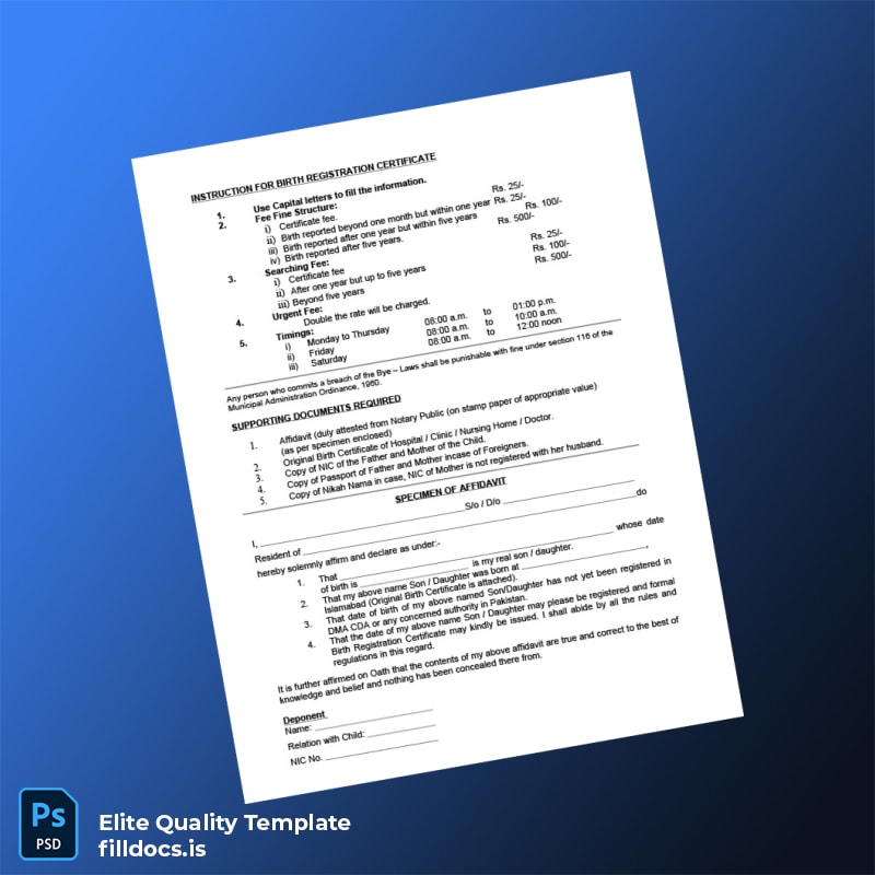 Pakistan Capital Development Authority Birth Registration Certificate Application Template in Word and PDF formats page 2