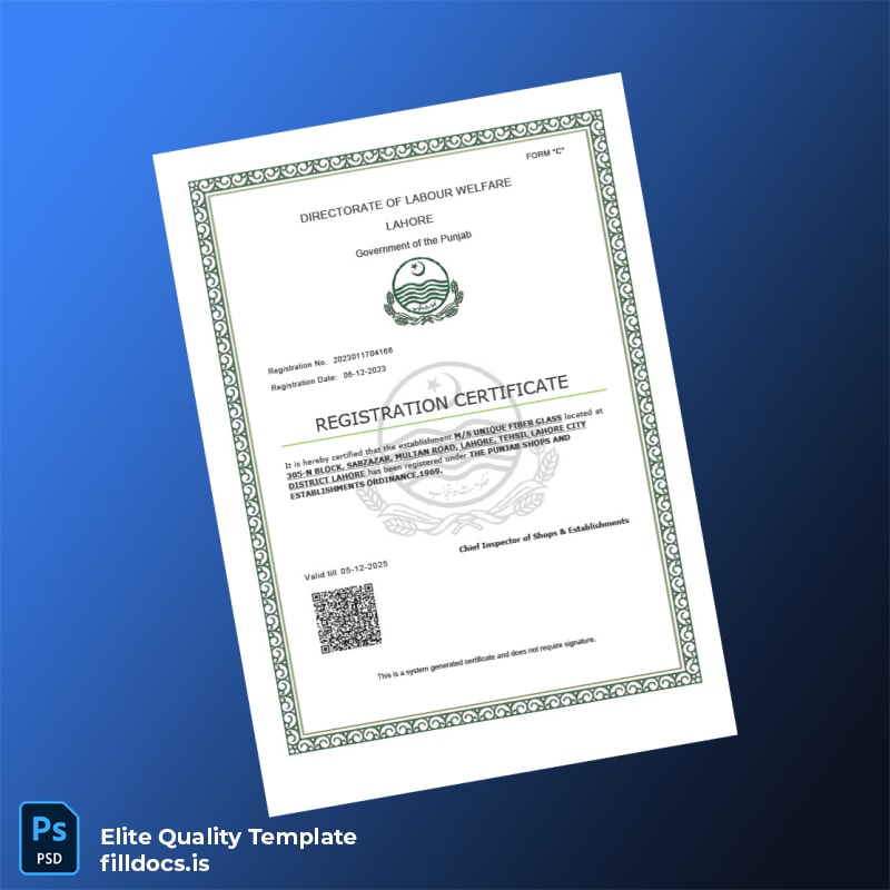 Fillable Pakistan Directorate of Labour Welfare Registration Certificate Template - Word/PDF Template Preview
