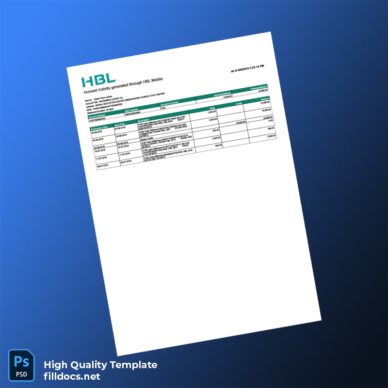 Pakistan HBL Account Statement Template in Word and PDF formats