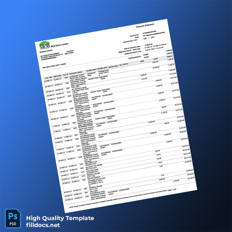 Pakistan MCB Bank Statement Template in Word and PDF formats