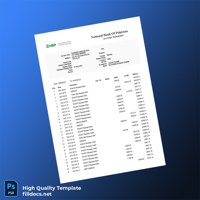 Pakistan National Bank of Pakistan Account Statement Template in Word and PDF formats
