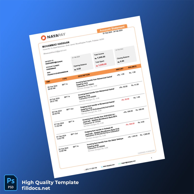 Pakistan NayaPay Account Statement Template in Word and PDF formats