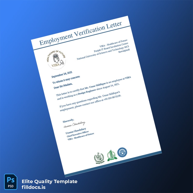 Fillable Pakistan VIRA Healthcare of Future Employment Verification Letter Template - Word/PDF Template Preview - FillDocs