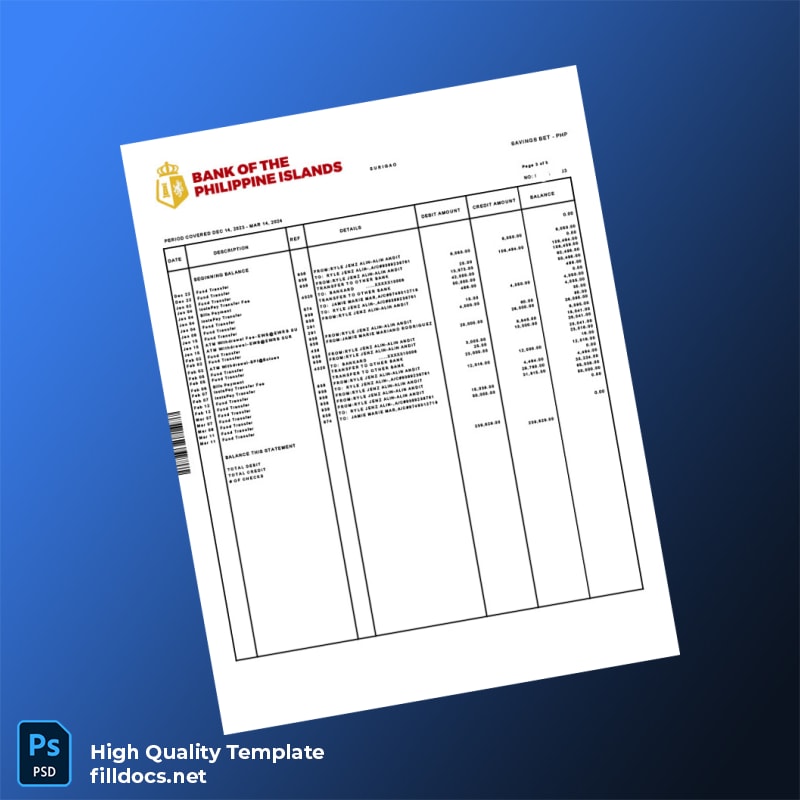 Philippines Bank Of The Philippine Islands Bank Statement Template in Word and PDF formats page 3