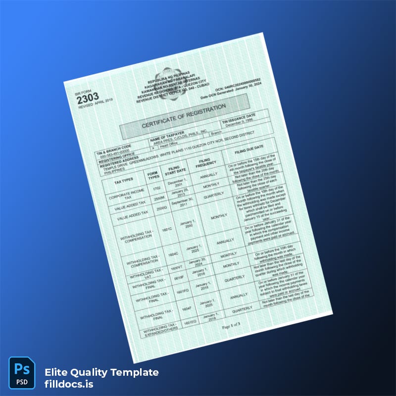 Fillable Philippines Bureau of Internal Revenue Tax Registration Certificate Template - Word/PDF Template Preview - FillDocs
