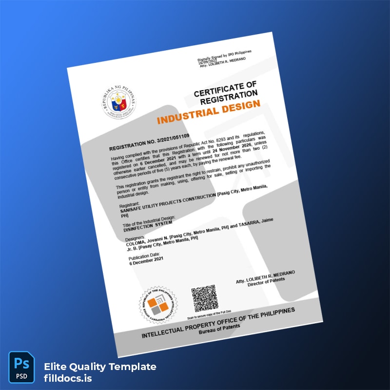 Fillable Philippines Bureau of Patents Certificate of Registration Template - Word/PDF Template Preview