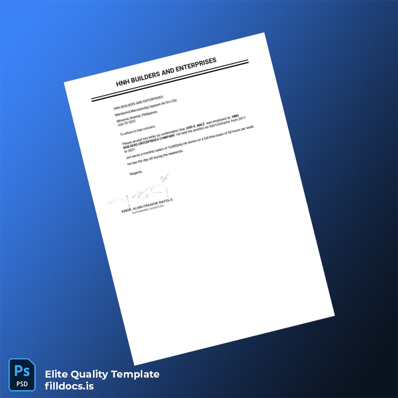 Fillable Philippines HNH Builders and Enterprises Employment Verification Letter Template - Word/PDF Template Preview - FillDocs
