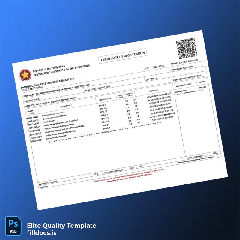 Fillable Philippines Polytechnic University Registration Certificate Template - Word/PDF Template Preview