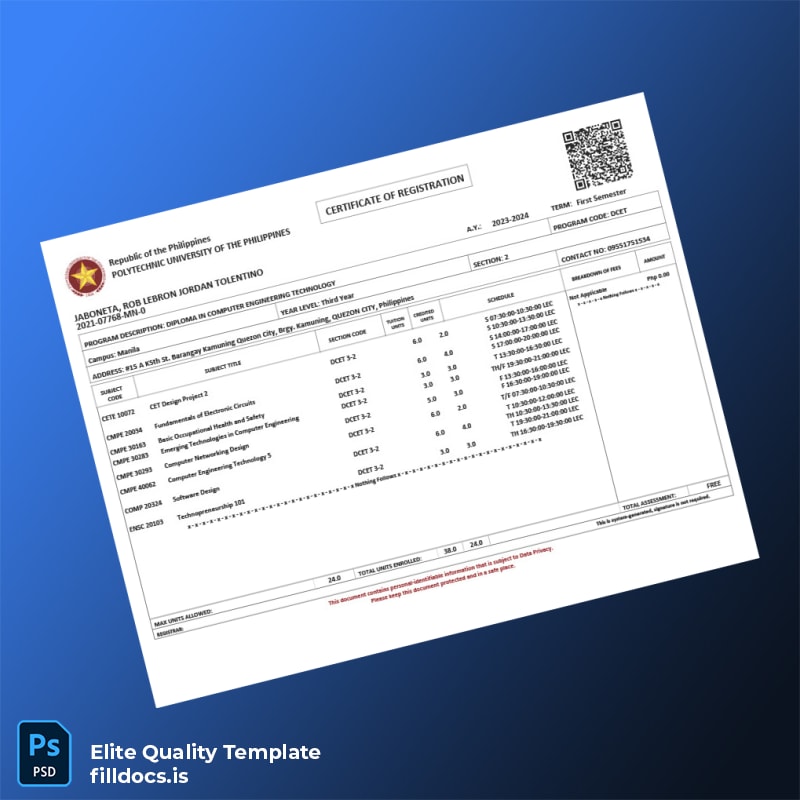 Fillable Philippines Polytechnic University Student Registration Certificate Template - Word/PDF Template Preview - FillDocs