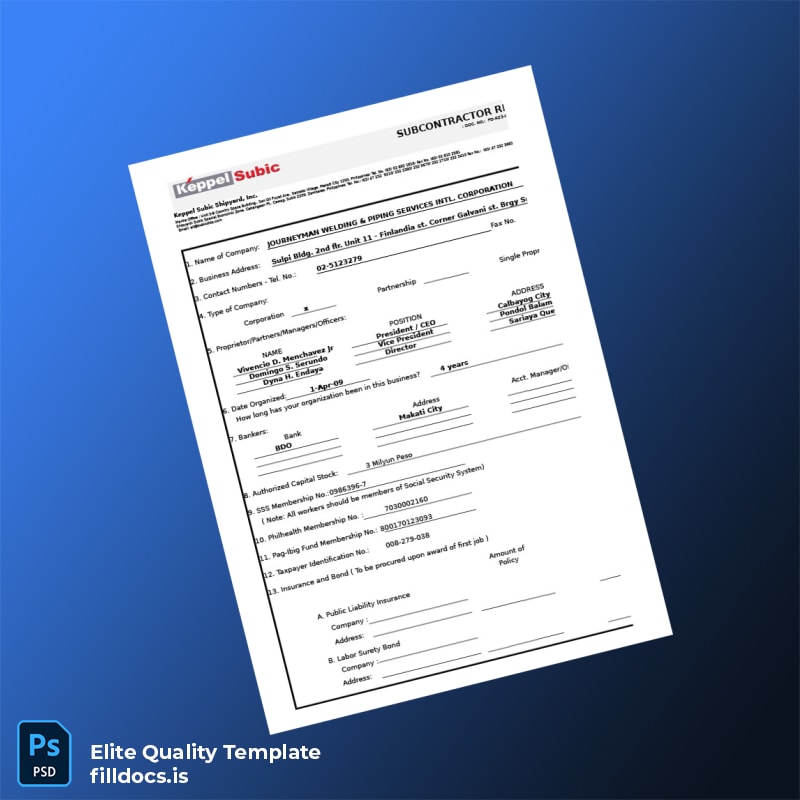 Fillable Philippines Subcontractor Registration Form Template - Word/PDF Template Preview - FillDocs