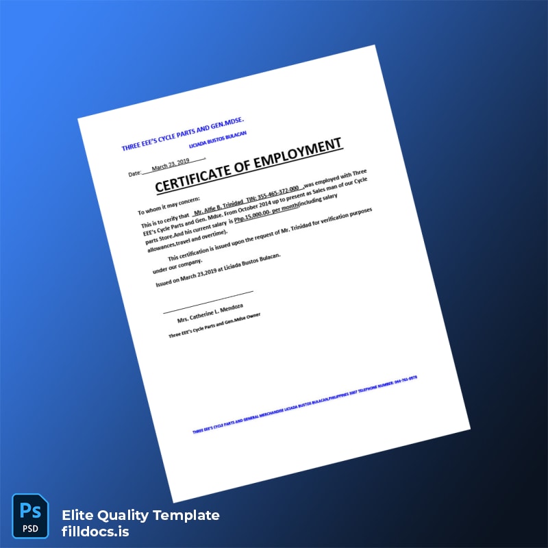 Fillable Philippines Three EEE s Cycle Parts Employment Verification Letter Template - Word/PDF Template Preview - FillDocs