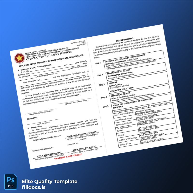 Fillable Philippines University Registration Certificate Application Form for Duplicate Template Preview