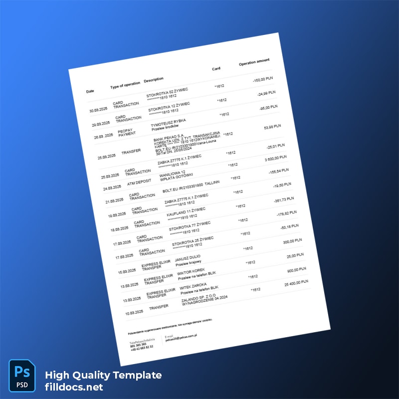 Poland Bank Pekao S A Bank Statement Template in Word and PDF formats page 3