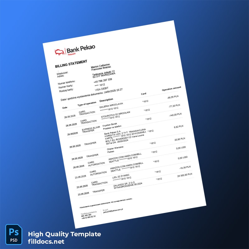 Poland Bank Pekao S A Bank Statement Template in Word and PDF formats
