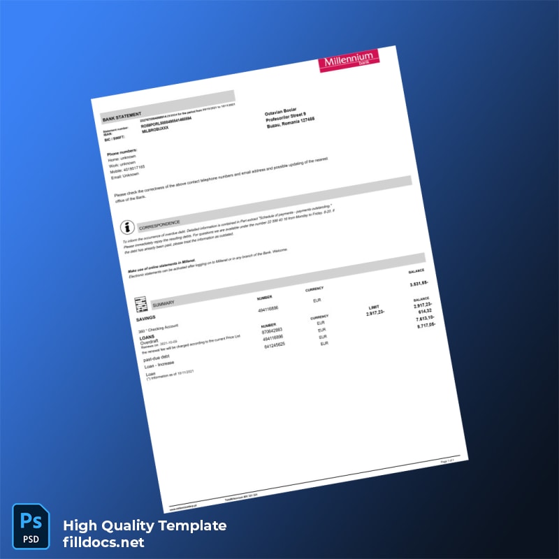 Poland Millenium Bank Statement Template in Word and PDF formats