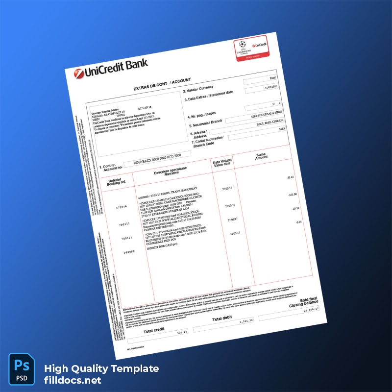 Romania UniCredit Bank Statement Template in Word and PDF formats page 2