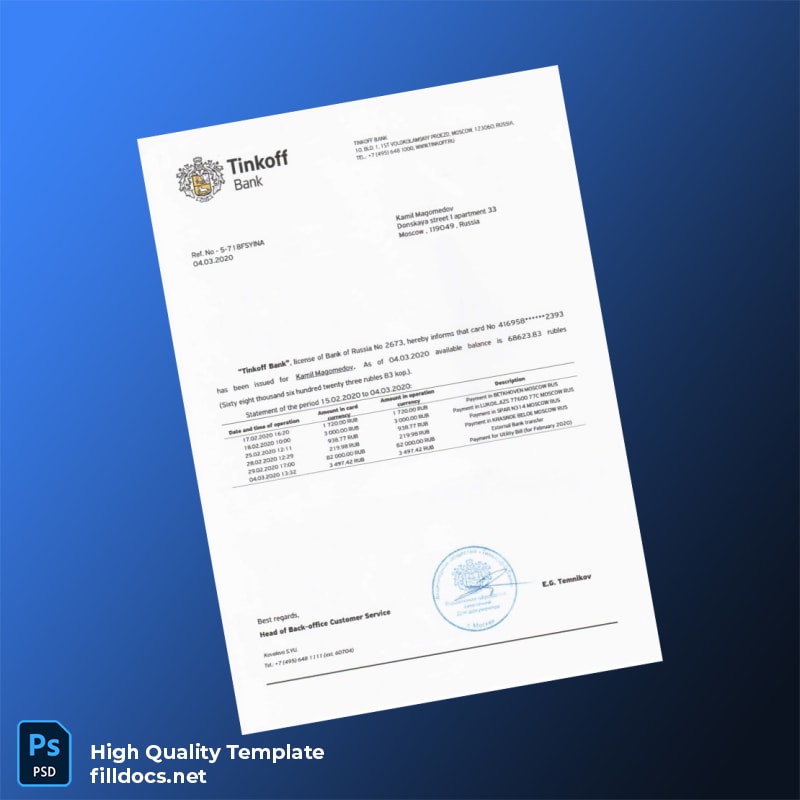 Russia Tinkoff Bank Statement Template in Word and PDF formats