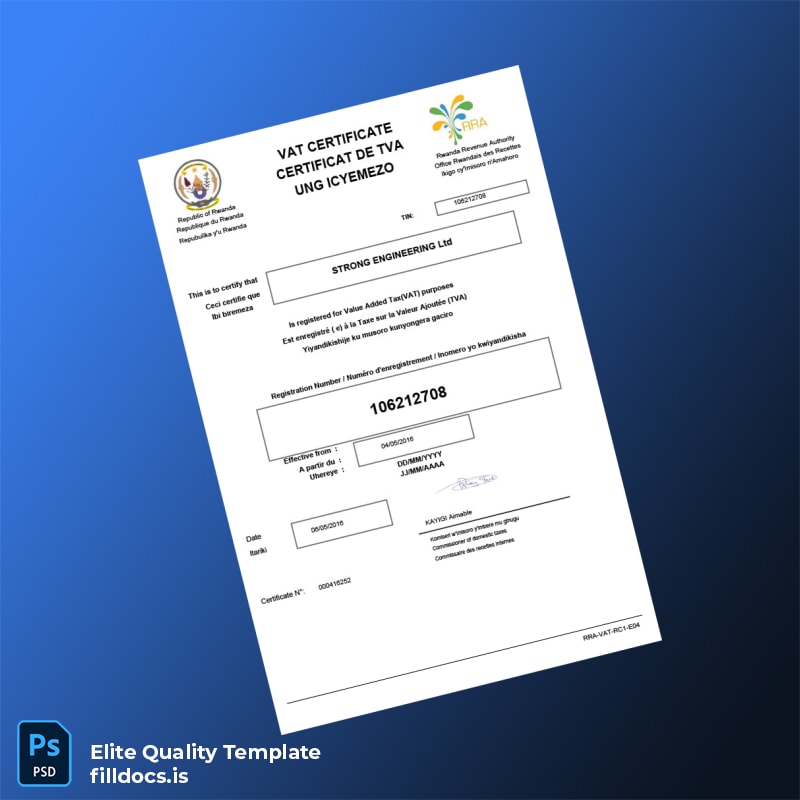 Fillable Rwanda Rwanda Revenue Authority VAT Registration Certificate Template - Word/PDF Template Preview - FillDocs