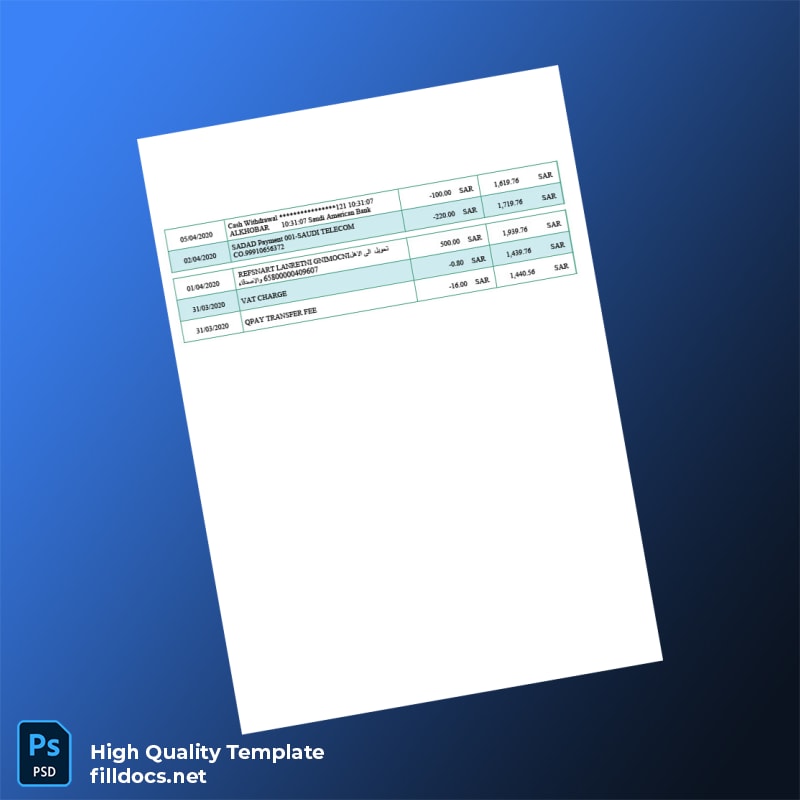 Saudi Arabia NCB Bank Statement Template in Word and PDF formats page 2