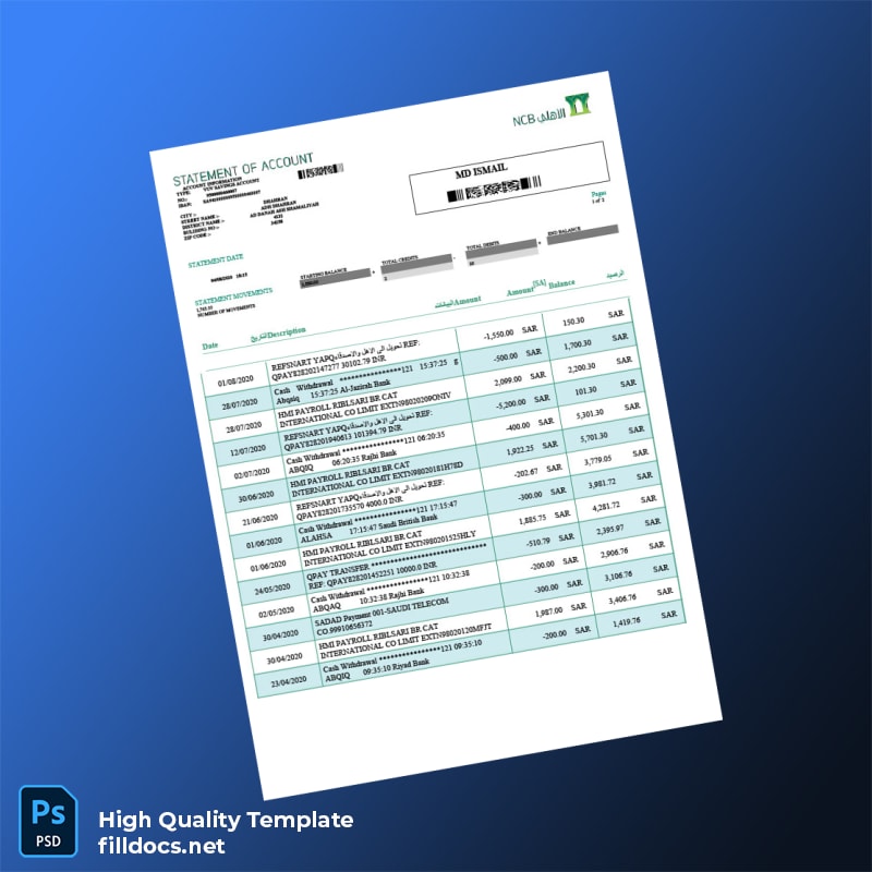 Saudi Arabia NCB Bank Statement Template in Word and PDF formats