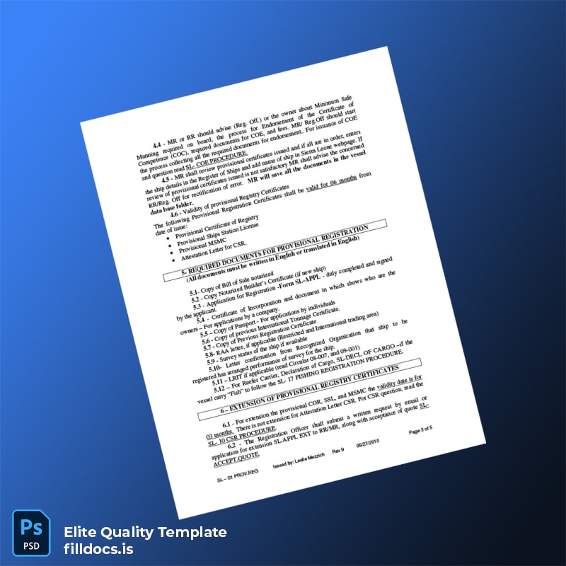 Fillable Sierra Leone Maritime Registry Provisional Registration Certificate Template in Word and PDF formats page 3 Page Preview - FillDocs