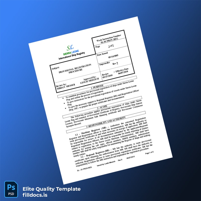 Fillable Sierra Leone Maritime Registry Provisional Registration Certificate Template - Word/PDF Template Preview - FillDocs