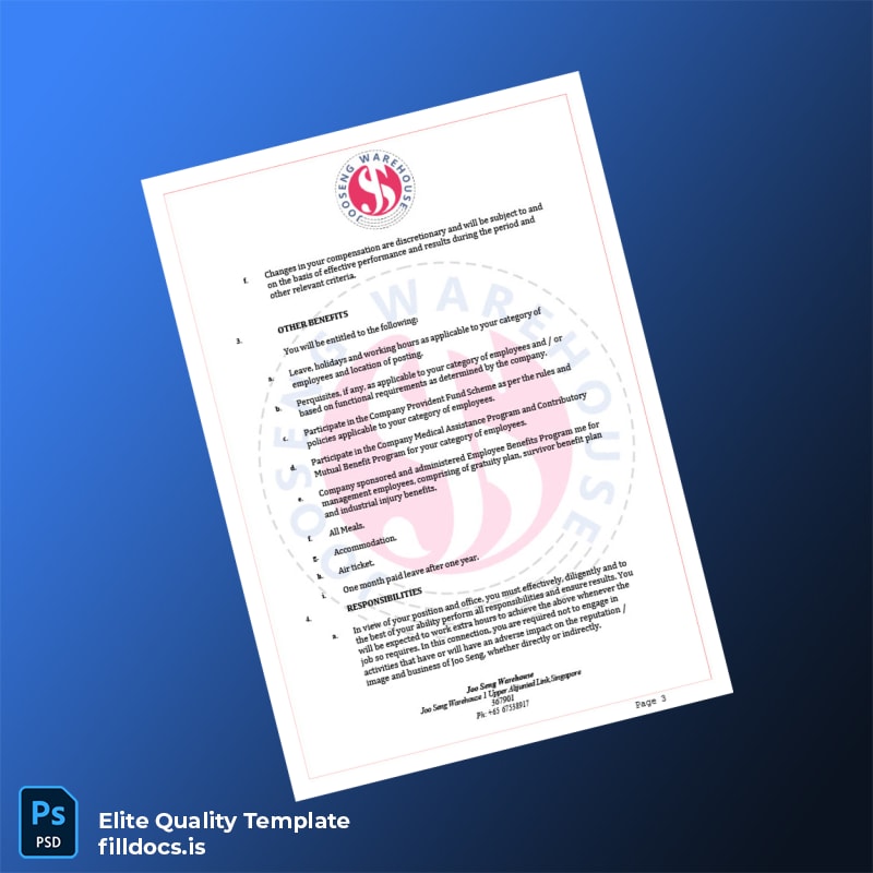 Fillable Singapore Joo Seng Warehouse Employment Verification Letter Template in Word and PDF formats page 3 Page Preview - FillDocs