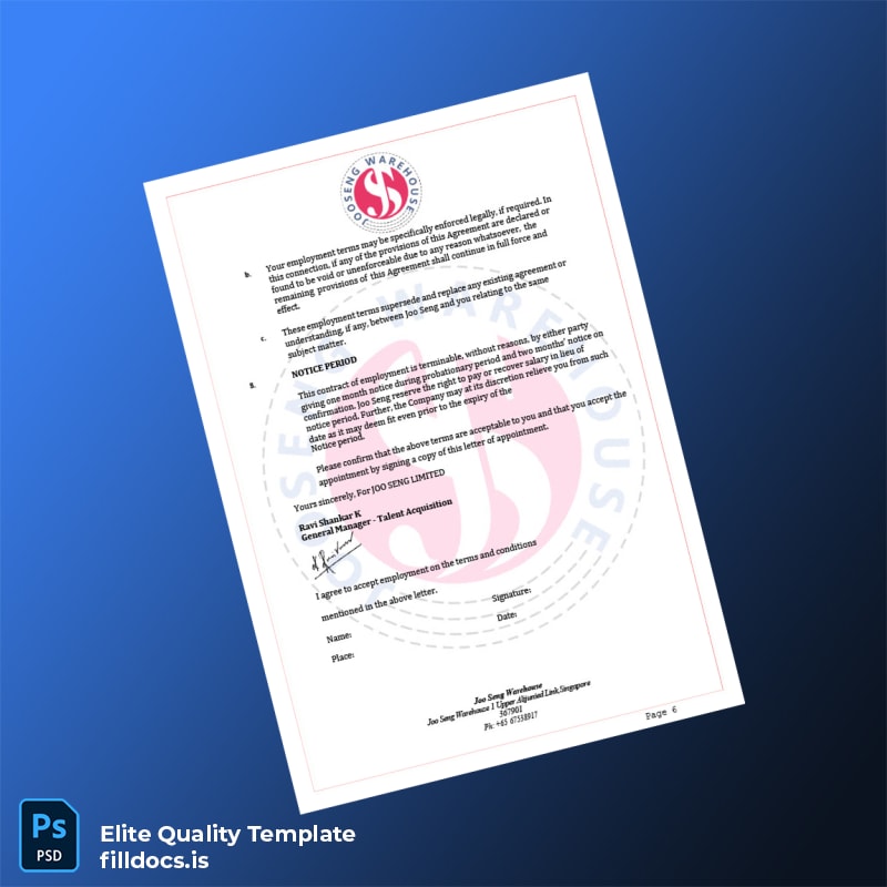 Fillable Singapore Joo Seng Warehouse Employment Verification Letter Template in Word and PDF formats page 6 Page Preview - FillDocs