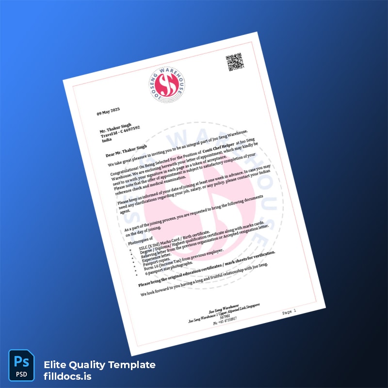 Fillable Singapore Joo Seng Warehouse Employment Verification Letter Template - Word/PDF Template Preview - FillDocs