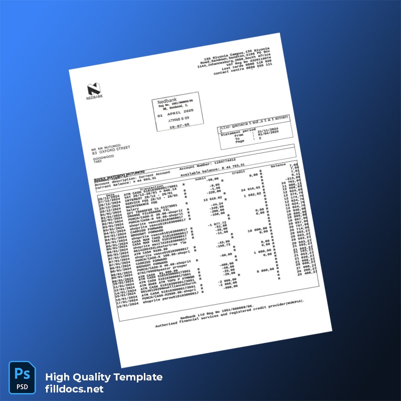 South Africa Nedbank Bank Statement Template in Word and PDF formats page 2