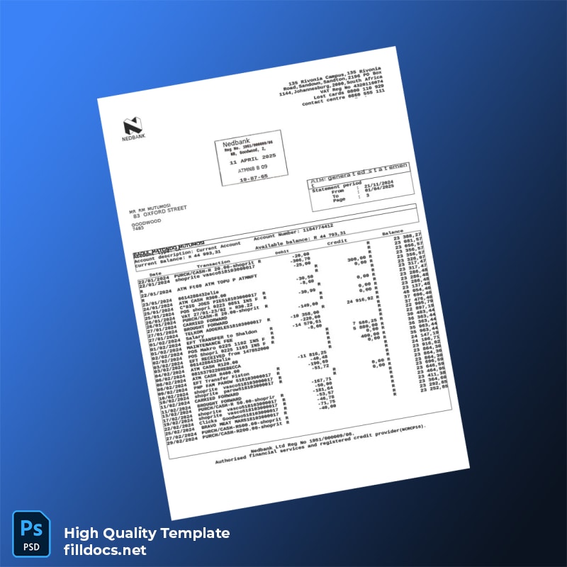 South Africa Nedbank Bank Statement Template in Word and PDF formats page 3