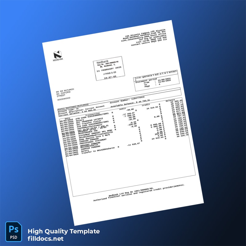 South Africa Nedbank Bank Statement Template in Word and PDF formats page 4