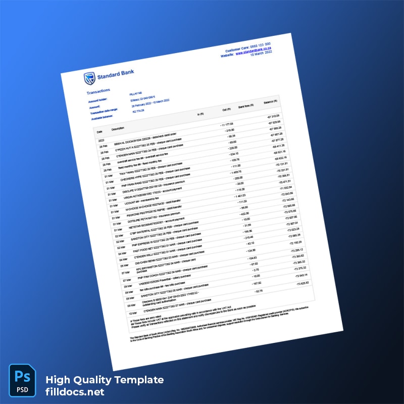 South Africa Standard Bank Bank Statement Template in Word and PDF formats