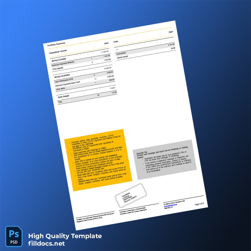 South Africa TymeBank Bank Statement Template in Word and PDF formats page 2