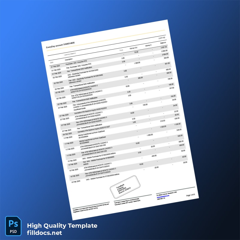 South Africa TymeBank Bank Statement Template in Word and PDF formats page 3