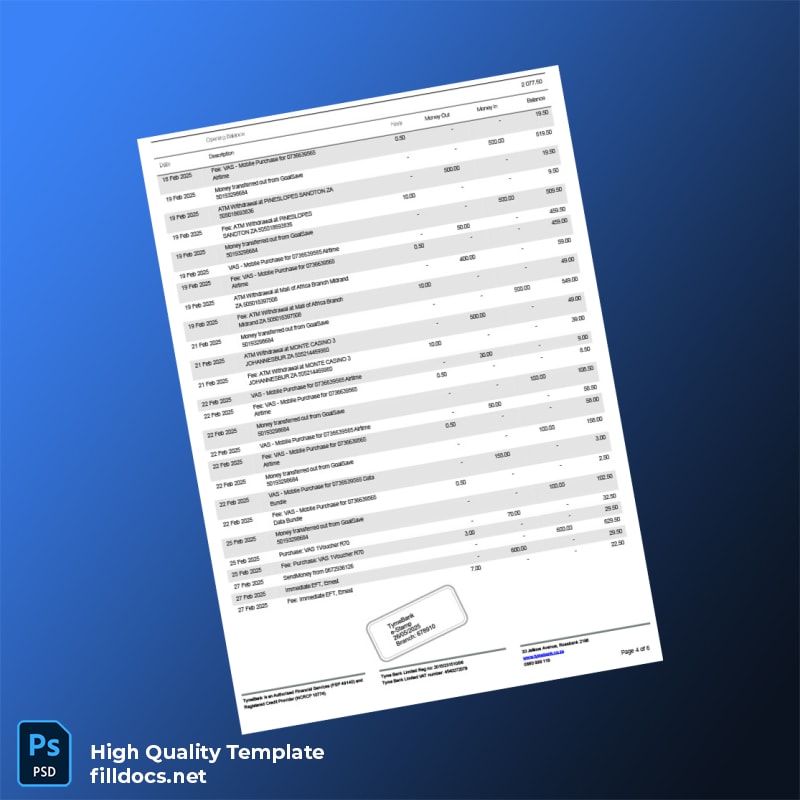 South Africa TymeBank Bank Statement Template in Word and PDF formats page 4