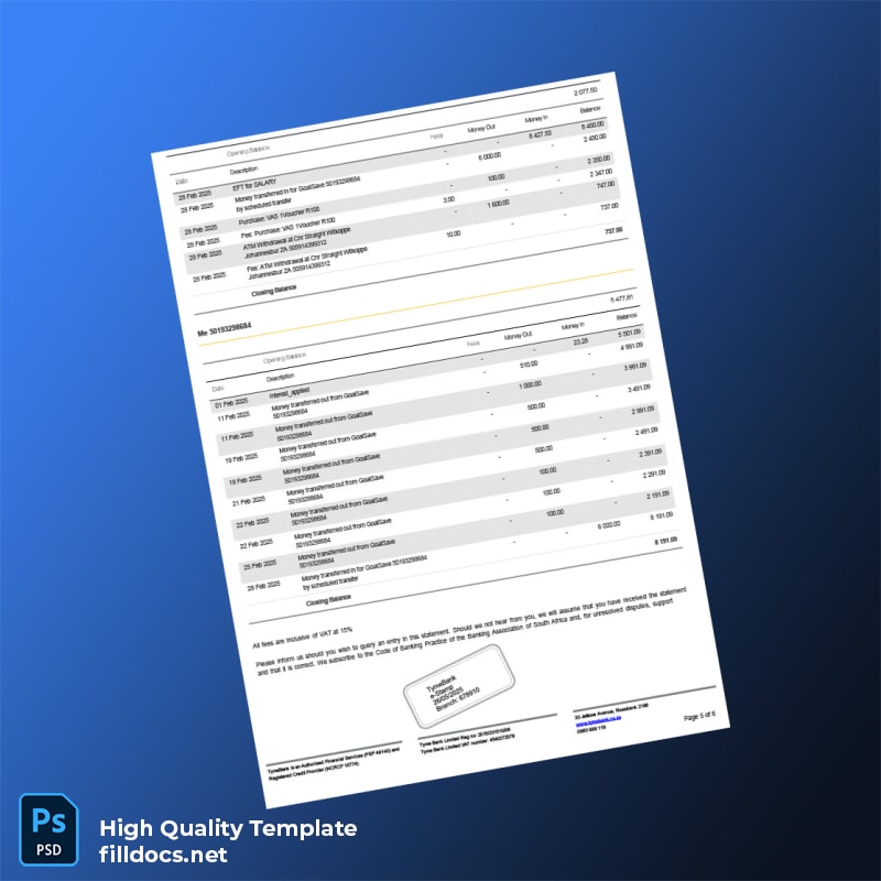 South Africa TymeBank Bank Statement Template in Word and PDF formats page 5