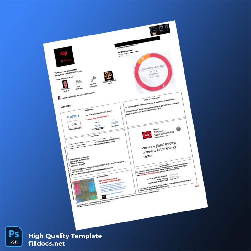 Spain EDP Editable Utility Bill Template in Word and PDF formats