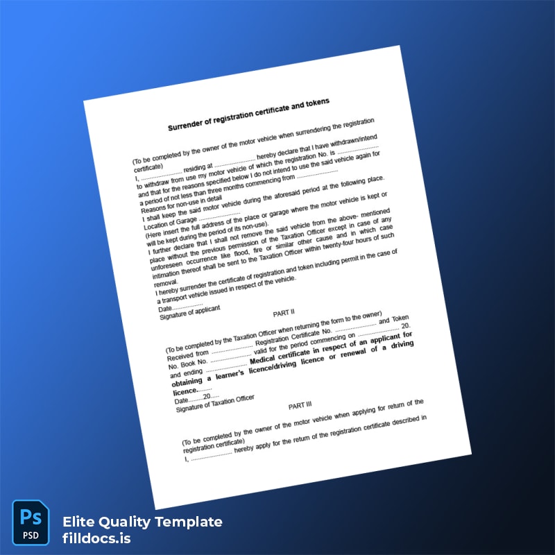 Fillable Surrender of Registration Certificate Template - Word/PDF Template Preview