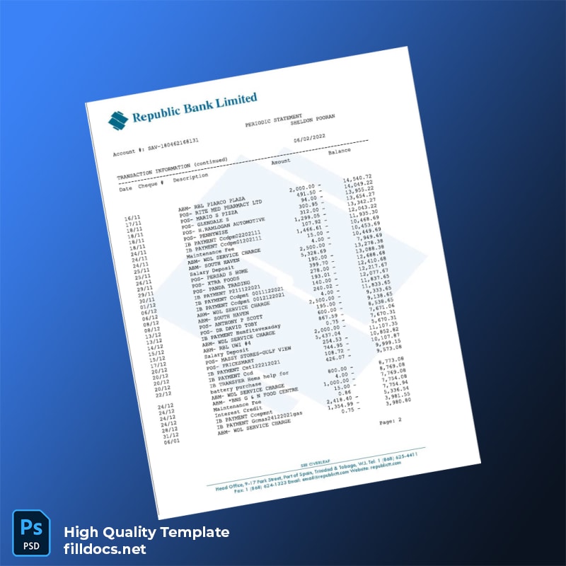 Trinidad and Tobago Republic Bank Statement Template in Word and PDF formats page 2