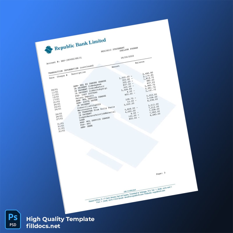 Trinidad and Tobago Republic Bank Statement Template in Word and PDF formats page 3