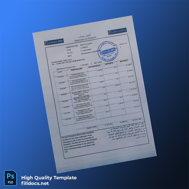 UAE Emirates NBD Bank Statement Template in Word and PDF formats page 3