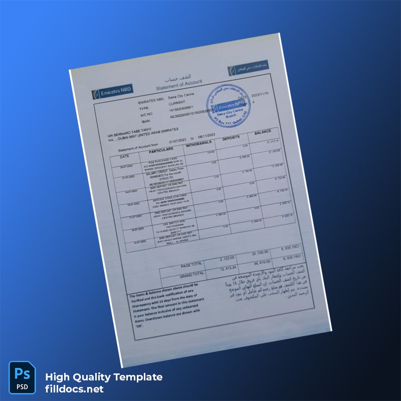 UAE Emirates NBD Bank Statement Template in Word and PDF formats page 4