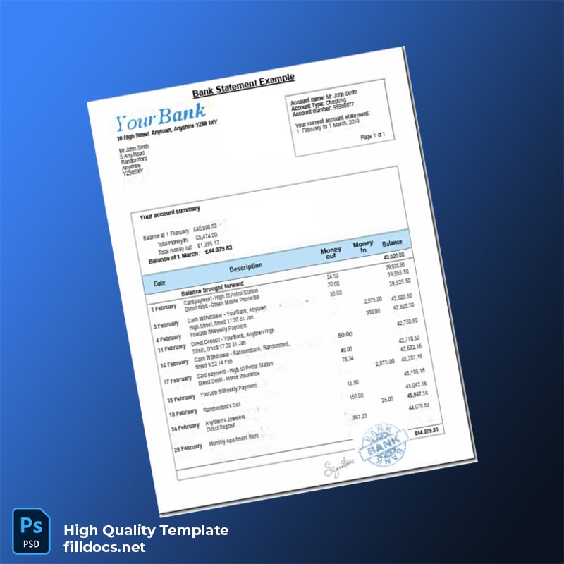 UK Bank Statement Template in Word and PDF formats