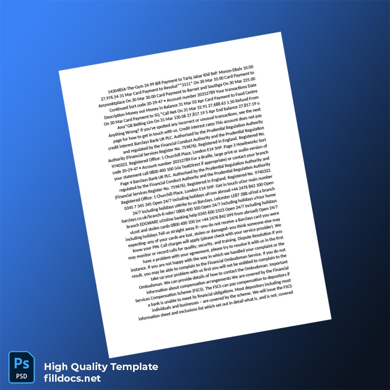 UK Barclays Bank Account Statement Template in Word and PDF formats page 2