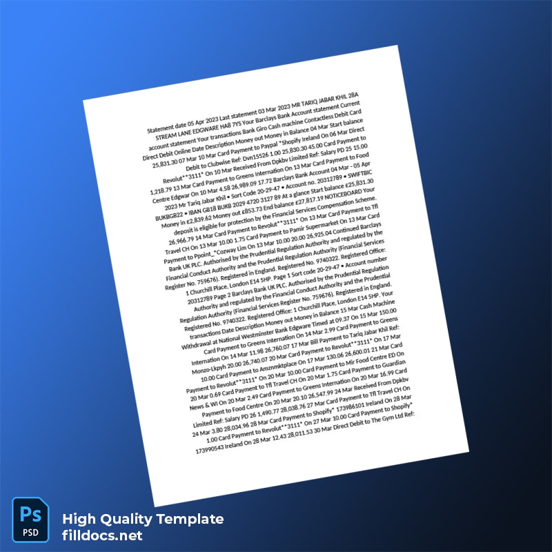 UK Barclays Bank Account Statement Template in Word and PDF formats